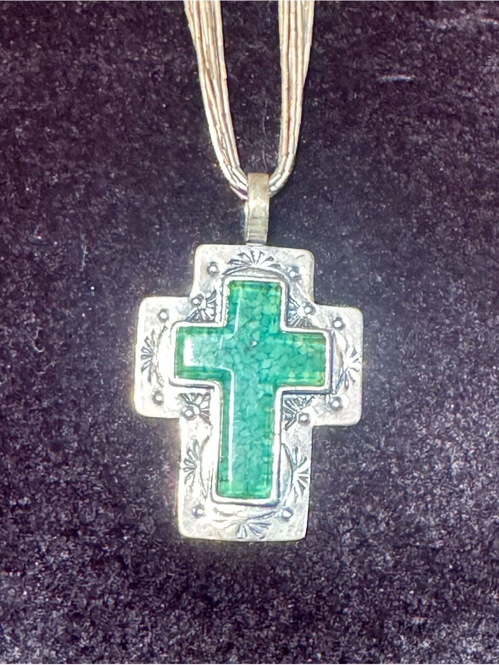 Carolyn Pollack Silver Cross Necklace with Green Inlay